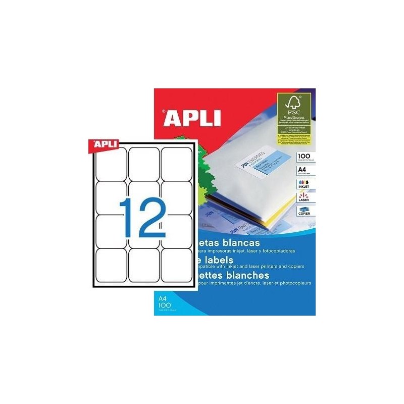 APLI ETIQUETAS ADHESIVAS 63,5X72MM INKJET/LÁSER C/ROMOS 12 X 100H BLANCO