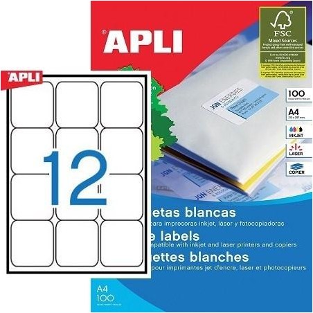 APLI ETIQUETAS ADHESIVAS 63,5X72MM INKJET/LÁSER C/ROMOS 12 X 100H BLANCO