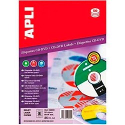 APLI ETIQUETAS ADHESIVAS PARA CD-DVD TAMAÑO CLÁSICO INKJET/LÁSER 2 X 25H DORSO OPACO