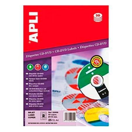 APLI ETIQUETAS ADHESIVAS PARA CD-DVD TAMAÑO CLÁSICO INKJET/LÁSER 2 X 25H DORSO OPACO