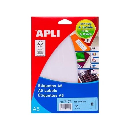APLI ETIQUETAS ADHESIVAS 105X148MM MANUAL/IMPRESIÓN C/RECTOS 2 X 15H BLANCO