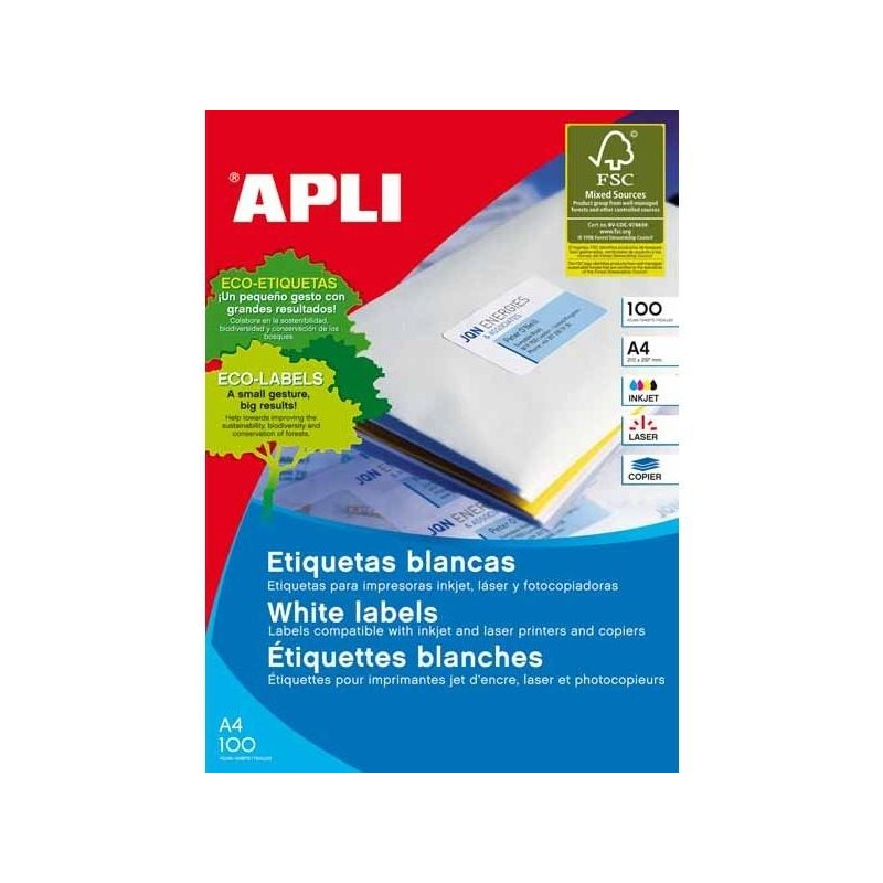 APLI ETIQUETAS ADHESIVAS 199,6X289,1MM LÁSER CALIDAD FOTOGRÁFICA C/ROMOS 1 X 10H BLANCO