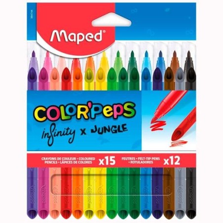 MAPED SET COLOR´PEPS INFINITY 12 ROTULADORES PEPJUNGLE Y 15 LÁPICES DE COLORES INFINITY C/SURTIDOS