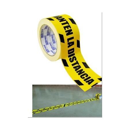 CINTA DE SEÑALIZACIÓN ADHESIVA 72MM X 25METROS AMARILLO/NEGRO "MANTENGA LA DISTANCIA"