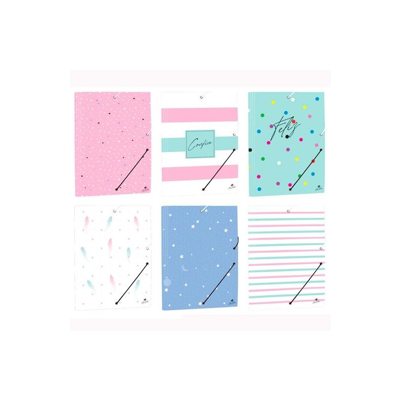 MARIOLA CARPETA C/GOMAS SOLAPAS FOLIO CARTÓN FORRADO PLASTIFICADO DISEÑOS SURTIDAO PASTEL