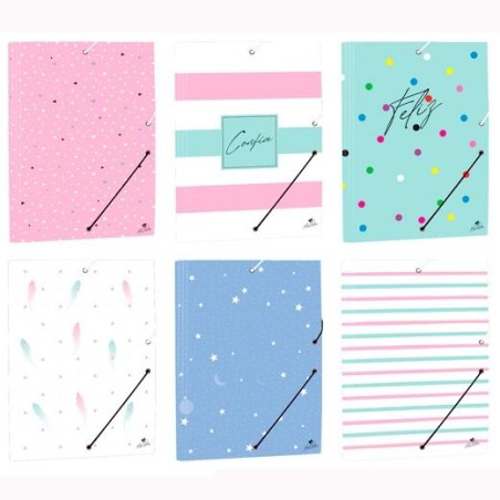 MARIOLA CARPETA C/GOMAS SOLAPAS FOLIO CARTÓN FORRADO PLASTIFICADO DISEÑOS SURTIDAO PASTEL