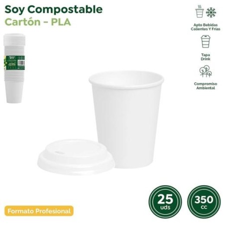 MAXI PRODUCTS VASO 350CC CARTÓN TAPA DRINK BLANCO PACK 25 UD