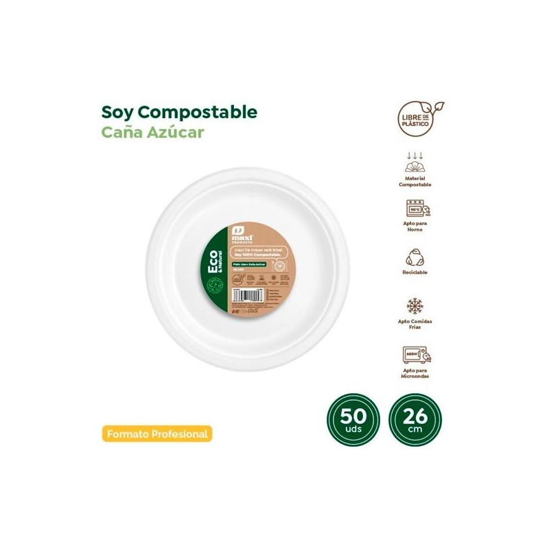 MAXI PRODUCTS PLATO LLANO COMPOSTABLE Ø26CM CAÑA DE AZÚCAR BLANCO PACK 50 UD