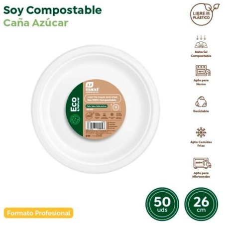 MAXI PRODUCTS PLATO LLANO COMPOSTABLE Ø26CM CAÑA DE AZÚCAR BLANCO PACK 50 UD