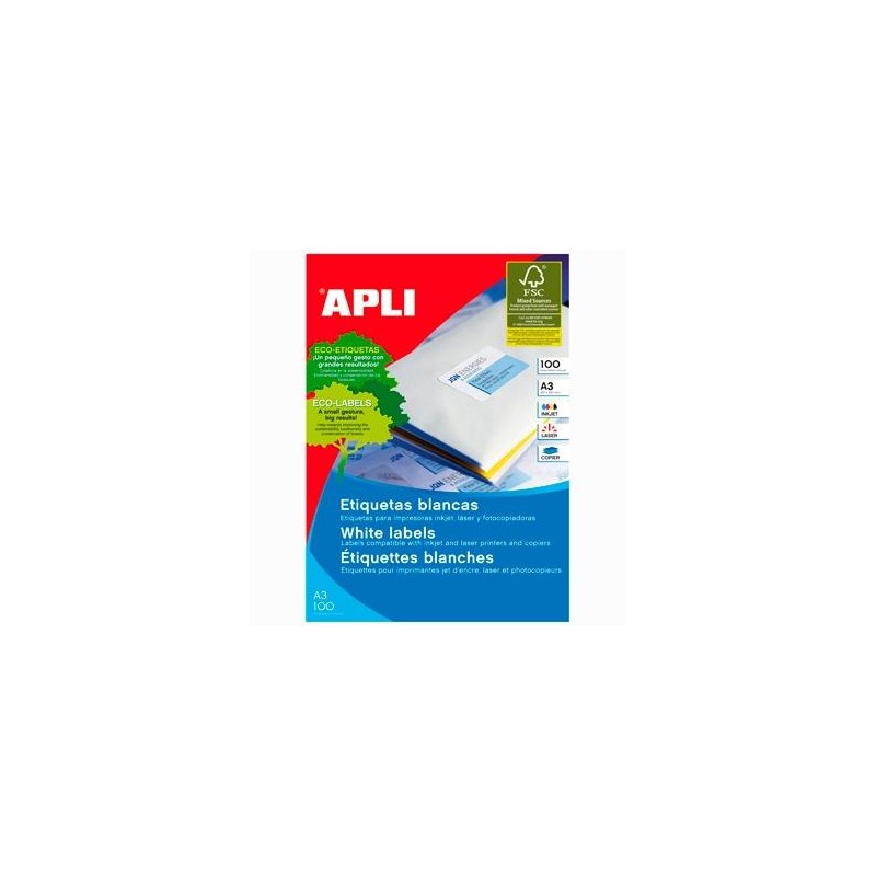 APLI ETIQUETAS ADHESIVAS 297X420MM INKJET/LÁSER C/RECTOS 1 X 100H A3 BLANCO
