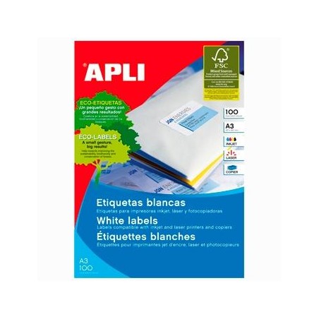 APLI ETIQUETAS ADHESIVAS 297X420MM INKJET/LÁSER C/RECTOS 1 X 100H A3 BLANCO