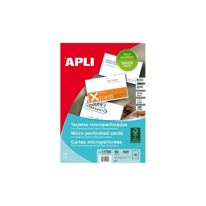 APLI TARJETAS VISITA BLANCO PARA INKJET, LÁSER Y FOTOCOPIADORAS / 90 X 50,8MM / MICROPERFORADO ACABADO MATE 200GR 50 HOJAS