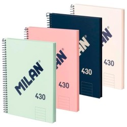 MILAN CUADERNO CON ESPIRAL A5 80 HOJAS 95GR LISO SERIE 430 SINCE 1918 TAPA DURA COLORES SURTIDOS PACK 4 UD