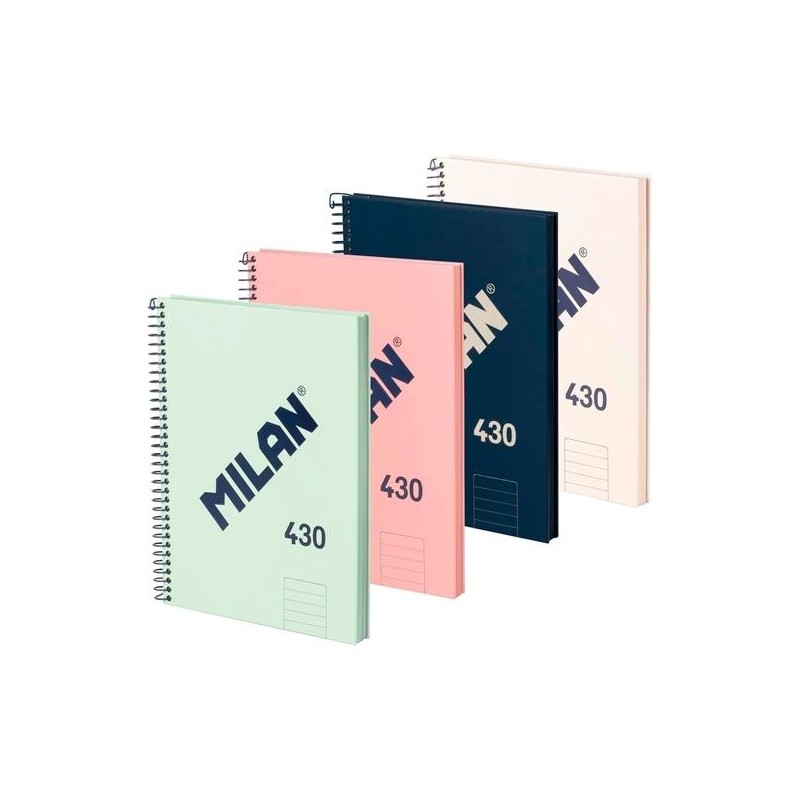 MILAN CUADERNO CON ESPIRAL A5 80 HOJAS 95GR LISO SERIE 430 SINCE 1918 TAPA DURA COLORES SURTIDOS PACK 4 UD