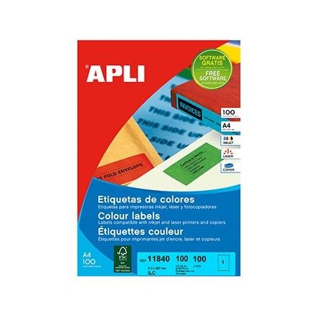 APLI ETIQUETAS ADHESIVAS 210X297MM INKJET/LÁSER C/RECTOS 1 X 100H ROJO