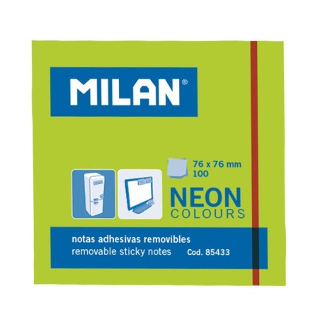MILAN BLOC NOTAS ADHESIVAS REMOVIBLES 100H 76X76 VERDE FLUORESCENTE