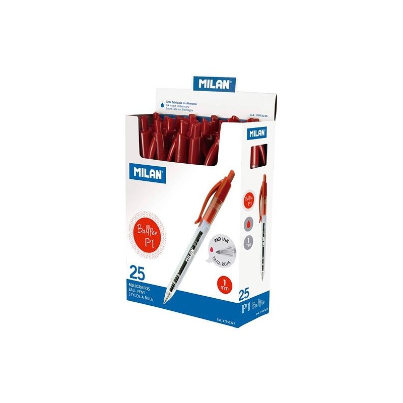 MILAN BOLÍGRAFO P1 CUERPO TRANSPARENTE ROJO -CAJA 25U-