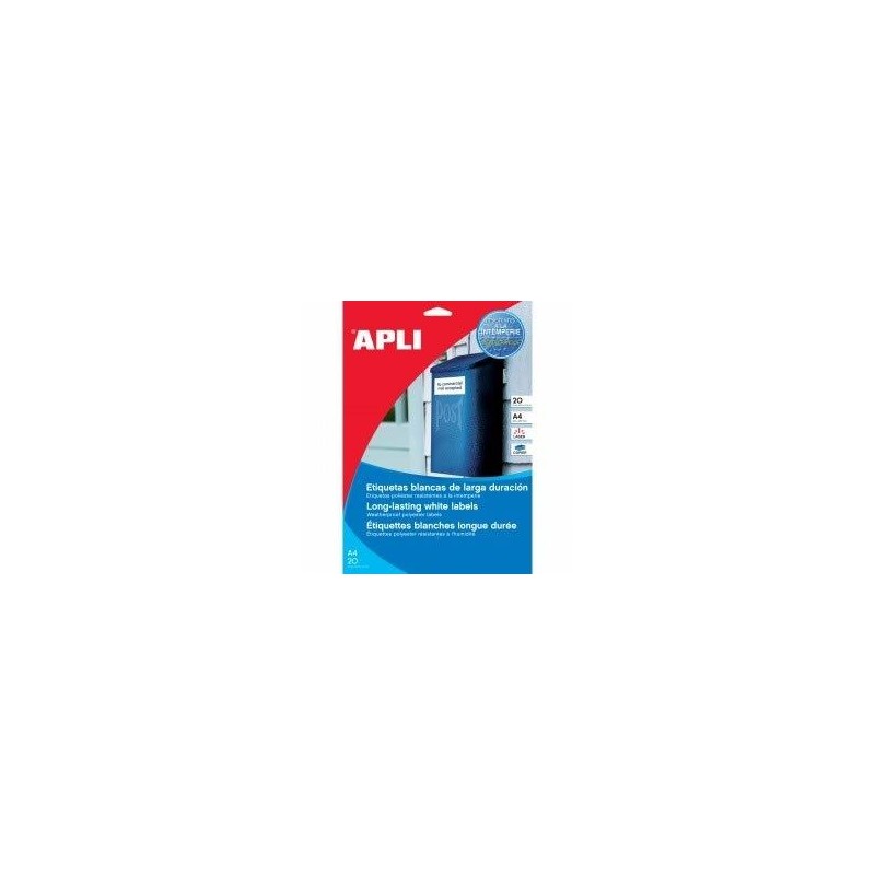 APLI ETIQUETAS ADHESIVAS RESISTENTES INTEMPERIE 210X297MM LÁSER C/RECTOS 1 X 100H POLIÉSTER BLANCO