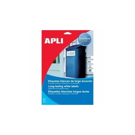 APLI ETIQUETAS ADHESIVAS RESISTENTES INTEMPERIE 210X297MM LÁSER C/RECTOS 1 X 100H POLIÉSTER BLANCO