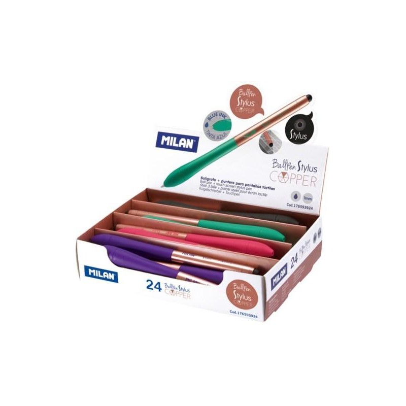 MILAN BOLÍGRAFO STYLUS COPPER CON PUNTERO AZUL 4 COLORES SURTIDOS EXPOSITOR -24U-