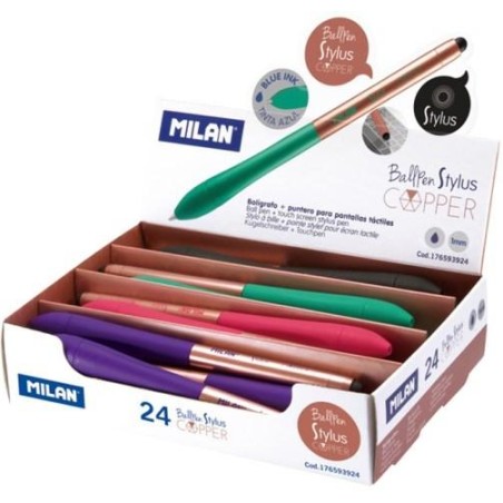 MILAN BOLÍGRAFO STYLUS COPPER CON PUNTERO AZUL 4 COLORES SURTIDOS EXPOSITOR -24U-