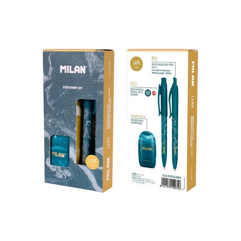 MILAN CAJA REGALO SERIE LAVA CON BOLÍGRAFO P1, PORTAMINAS PL1 0.5 Y AFILABORRA CAPSULE AZUL