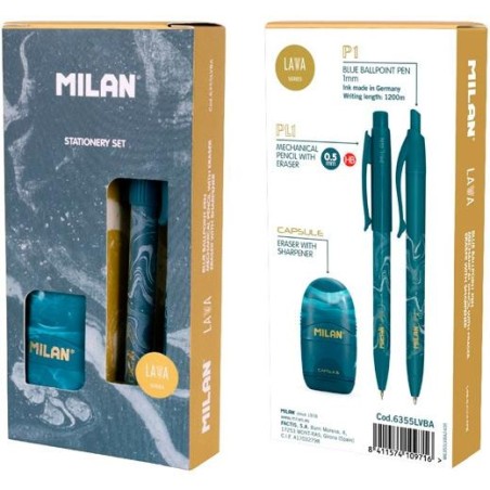 MILAN CAJA REGALO SERIE LAVA CON BOLÍGRAFO P1, PORTAMINAS PL1 0.5 Y AFILABORRA CAPSULE AZUL