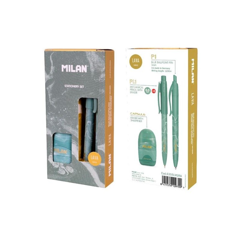 MILAN CAJA REGALO SERIE LAVA CON BOLÍGRAFO P1, PORTAMINAS PL1 0.5 Y AFILABORRA CAPSULE VERDE