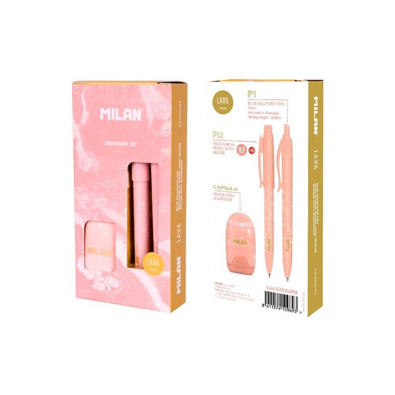 MILAN CAJA REGALO SERIE LAVA CON BOLÍGRAFO P1, PORTAMINAS PL1 0.5 Y AFILABORRA CAPSULE ROSA