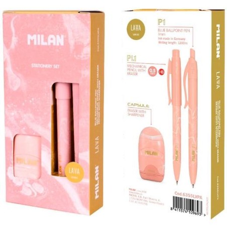 MILAN CAJA REGALO SERIE LAVA CON BOLÍGRAFO P1, PORTAMINAS PL1 0.5 Y AFILABORRA CAPSULE ROSA