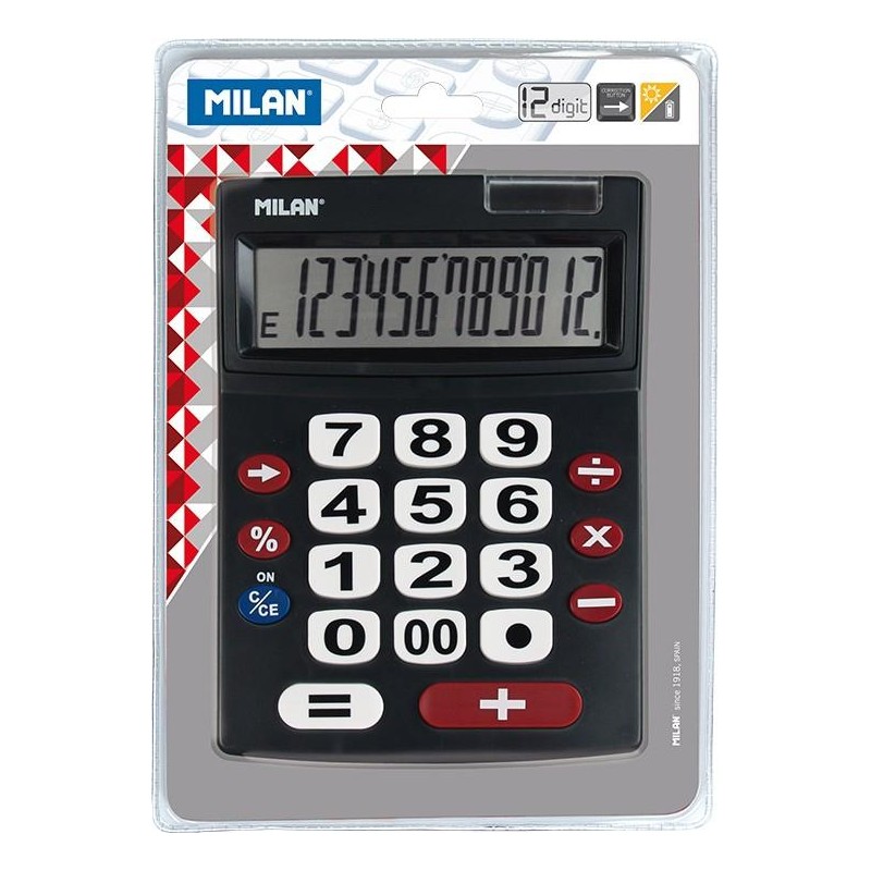 MILAN CALCULADORA NEGRO EXTRA-GRANDE 12 DIGITOS DUAL BLISTER