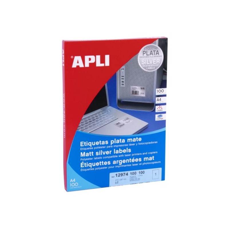 APLI ETIQUETAS ADHESIVAS METALIZADAS 210,0X297,0MM LÁSER C/RECTOS 1 X 100H PLATA