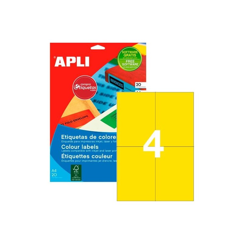 APLI ETIQUETAS ADHESIVAS 105X148MM INKJET/LÁSER C/RECTOS 4 X 20H AMARILLO