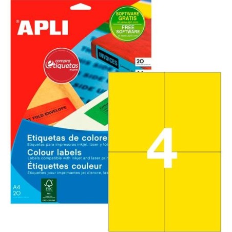 APLI ETIQUETAS ADHESIVAS 105X148MM INKJET/LÁSER C/RECTOS 4 X 20H AMARILLO