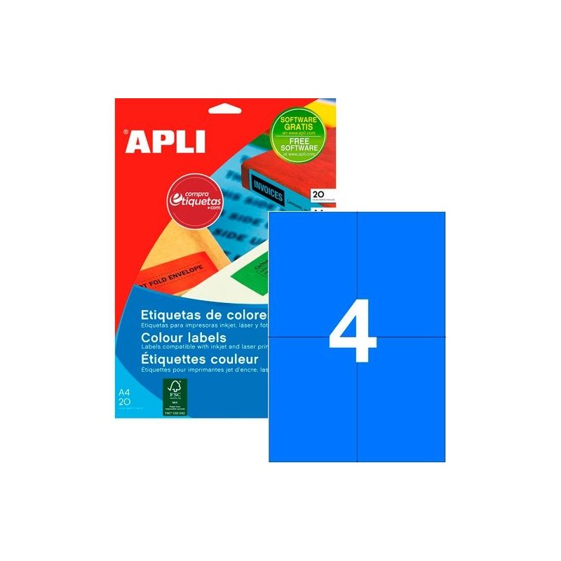 APLI ETIQUETAS ADHESIVAS 105X148MM INKJET/LÁSER C/RECTOS 4 X 20H AZUL