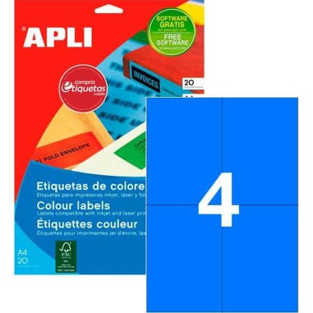 APLI ETIQUETAS ADHESIVAS 105X148MM INKJET/LÁSER C/RECTOS 4 X 20H AZUL