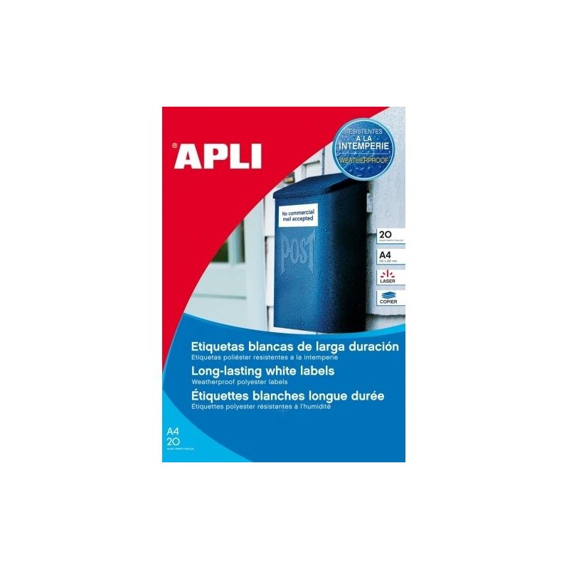 APLI ETIQUETAS ADHESIVAS RESISTENTES INTEMPERIE 99,1X67,7MM LÁSER C/ROMOS 8 X 20H POLIÉSTER BLANCO
