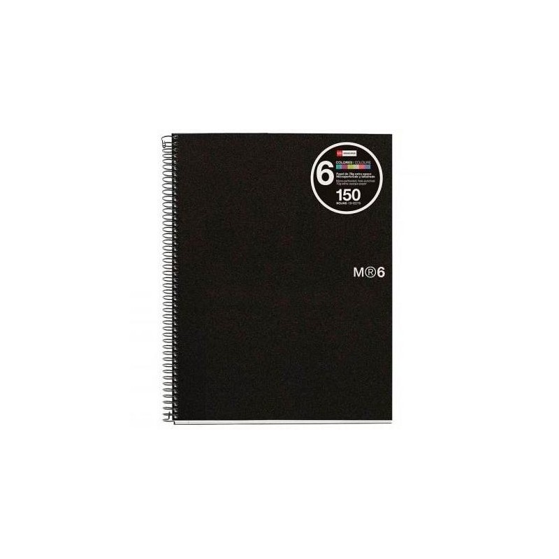 MIQUELRIUS CUADERNO ESPIRAL 150H A5 5X5MM 70GR 2 TALADROS MICROPERFORADO 6 BANDAS COLOR TAPA PP NEGRO