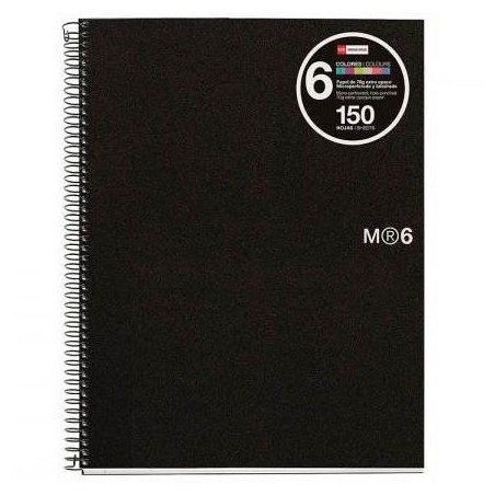 MIQUELRIUS CUADERNO ESPIRAL 150H A5 5X5MM 70GR 2 TALADROS MICROPERFORADO 6 BANDAS COLOR TAPA PP NEGRO