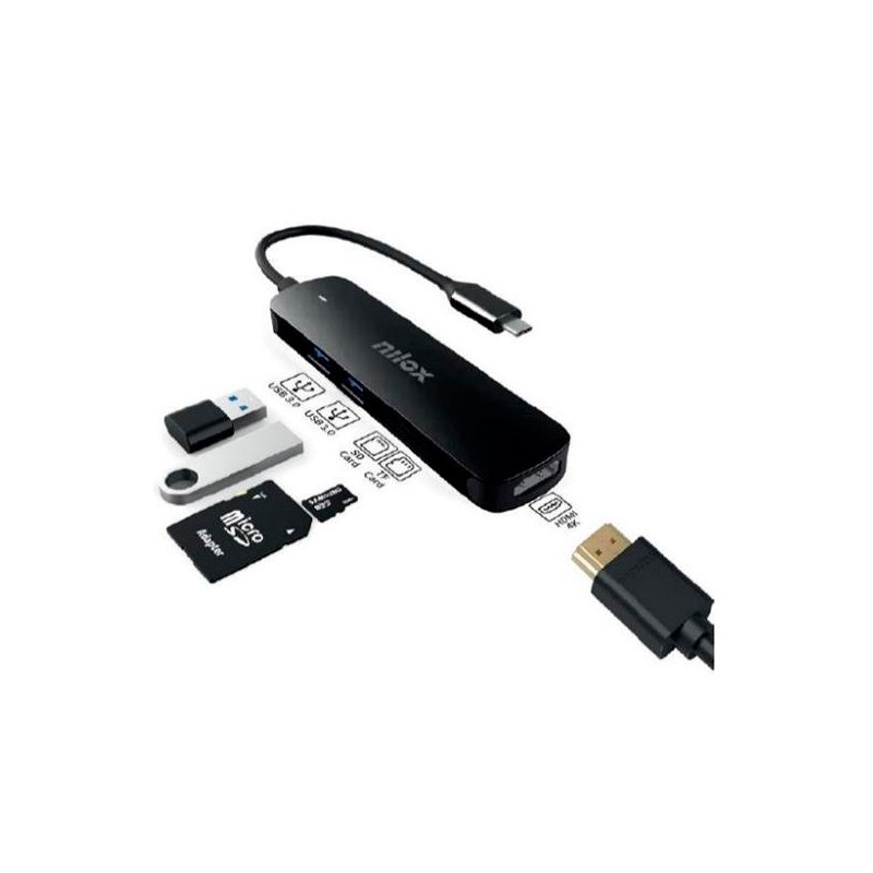 NILOX DOCK STATION 5 EN 1 USB-C A 1XHDMI 4K, 2XUSB 3.0 , 1XLECTOR TARJETAS SD Y MICRO SD , NEGRO