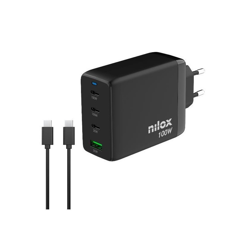 NILOX CARGADOR UNIVERSAL GAN 100W 4 PUERTOS Y CABLE USB-C A ESB-C DE 2 METROS NEGRO
