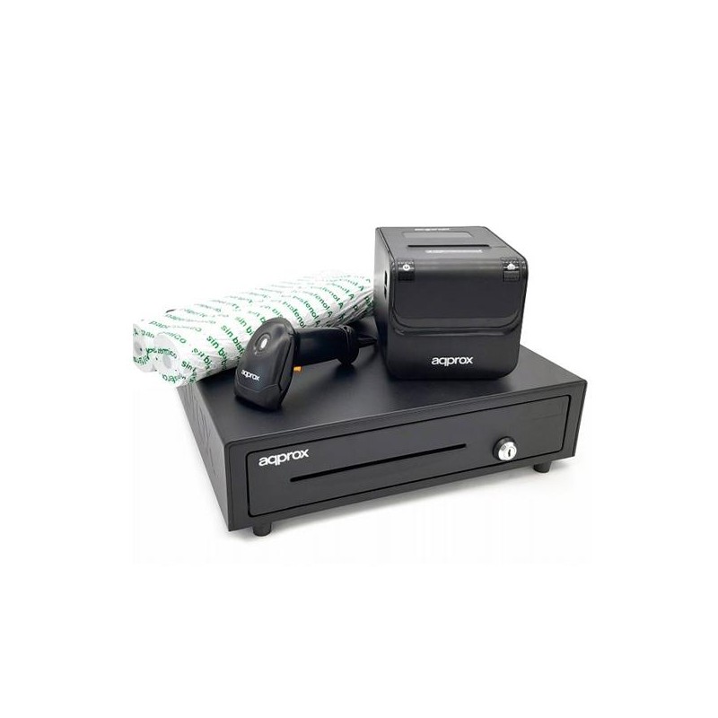 AQPROX KIT TPV CAJON PORTAMONEDAS NEGRO + LECTOR/SCANNER + IMPRESORA TERMICA + PACK ROLLOS PAPEL