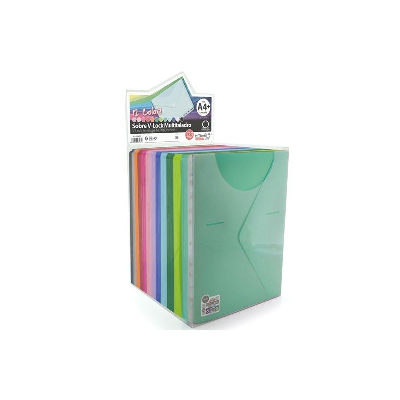 OFFICE BOX SOBRE BROCHE COLORLINE A4+/FOLIO MULTITALADRO CIERRE V-LOCK PP C/SURTIDOS EXPOSITOR 120 UD