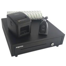 AQPROX KIT TPV CAJON PORTAMONEDAS NEGRO + LECTOR/SCANNER + IMPRESORA TERMICA + PACK ROLLOS PAPEL