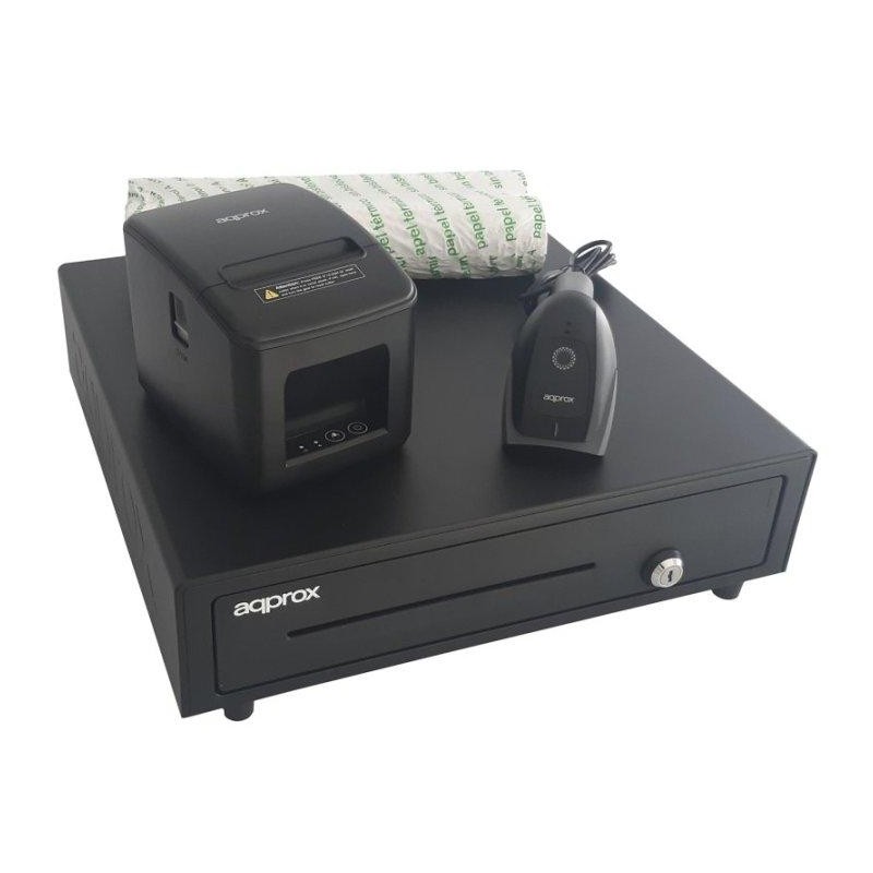 AQPROX KIT TPV CAJON PORTAMONEDAS NEGRO + LECTOR/SCANNER + IMPRESORA TERMICA + PACK ROLLOS PAPEL