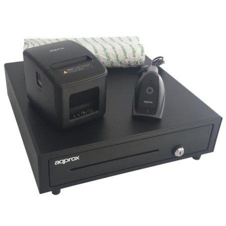 AQPROX KIT TPV CAJON PORTAMONEDAS NEGRO + LECTOR/SCANNER + IMPRESORA TERMICA + PACK ROLLOS PAPEL