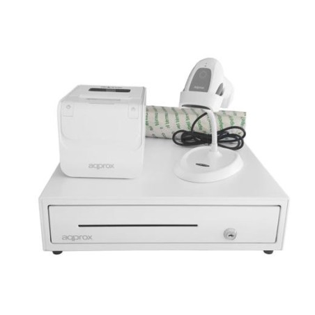 AQPROX KIT TPV CAJON PORTAMONEDAS NEGRO + LECTOR/SCANNER + IMPRESORA TERMICA + PACK ROLLOS PAPEL BLANCO