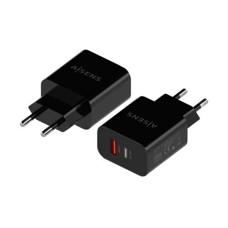 AISENS CARGADOR 1XUSB-C PD3.0, 1XUSB-A QC3.0 20W NEGRO