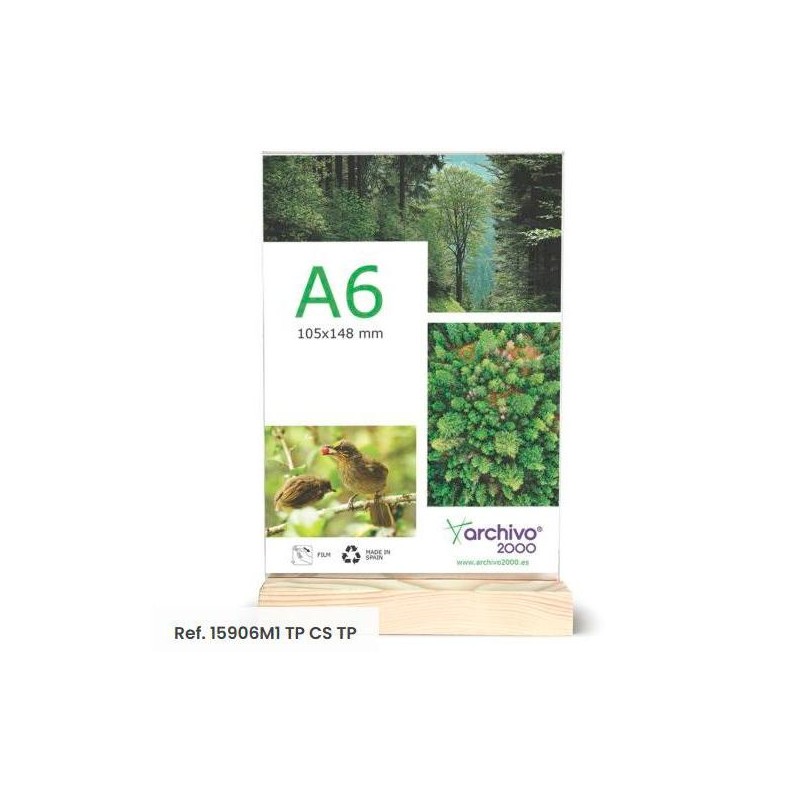 ARCHIVO 2000 EXPOSITOR DE SOBREMESA SOSTENIBLE DOBLE CARA A6 VERTICAL METACRILATO CON BASE DE MADERA