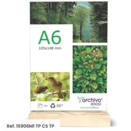 ARCHIVO 2000 EXPOSITOR DE SOBREMESA SOSTENIBLE DOBLE CARA A6 VERTICAL METACRILATO CON BASE DE MADERA